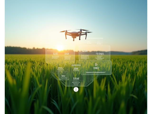 Yapay zeka analiz paneli üzerinde dijital olarak yönetilen modern bir tarım arazisi ve drone görünümü.