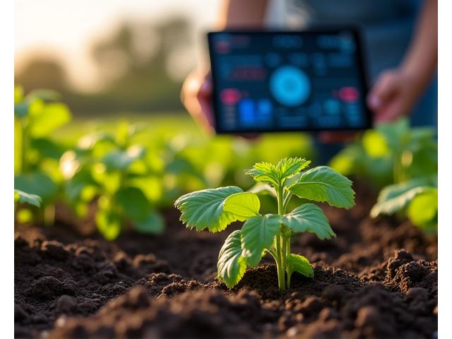 Tarım arazisindeki IoT sensörleri ve bir tablet üzerinden toplanan verilerin gösterildiği bir dashboard.