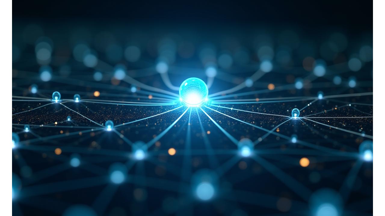 Edge computing cihazlarının ve bağlantılı sensörlerin bir ağını gösteren soyut bir teknoloji ağı